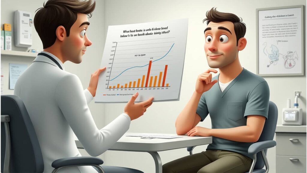 Digital art of a man in a clinic learning from a doctor about unsafe blood sugar levels.
