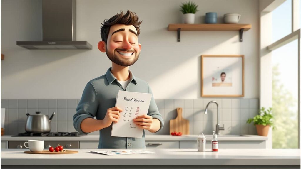 Digital art of a man smiling while learning about healthy and unsafe blood sugar levels.