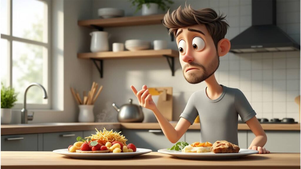 Digital art of a man looking concerned at unhealthy high-carb food, linked to unsafe blood sugar levels.