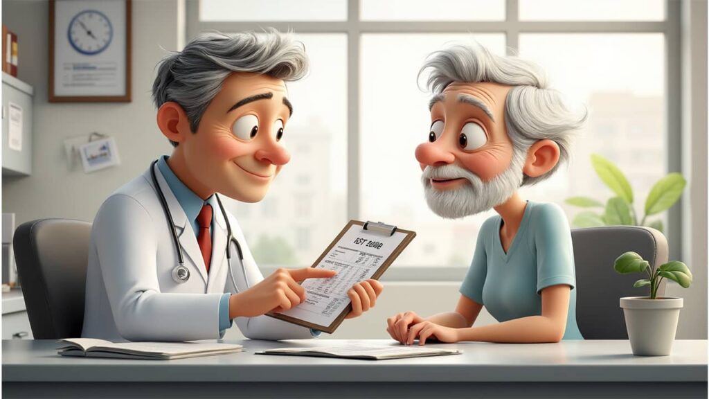Senior patient consulting doctor about A1C results and recommended levels.