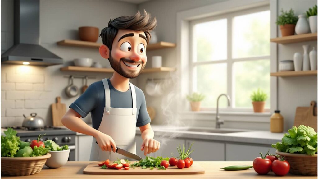 Digital art of a man preparing a healthy meal to prevent unsafe blood sugar levels.