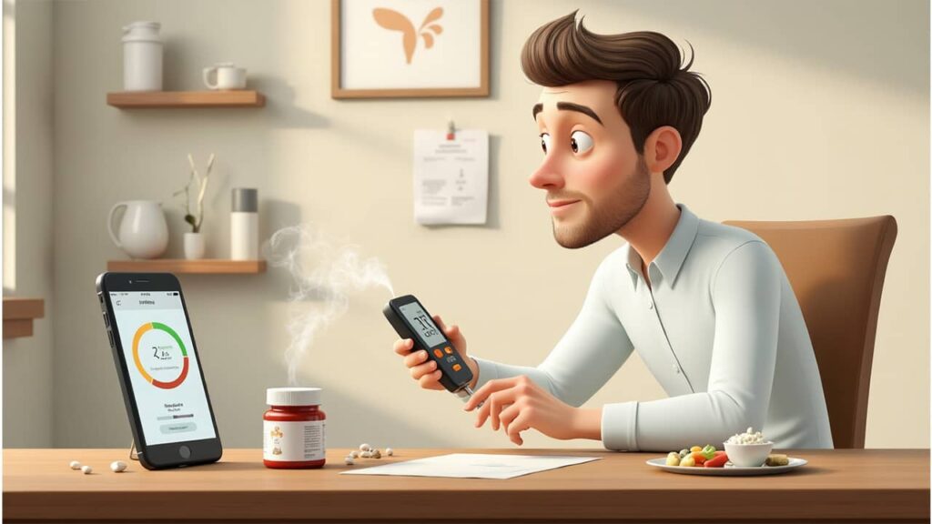 Digital art of a man using glucose monitoring tools and supplements for healthy blood sugar.