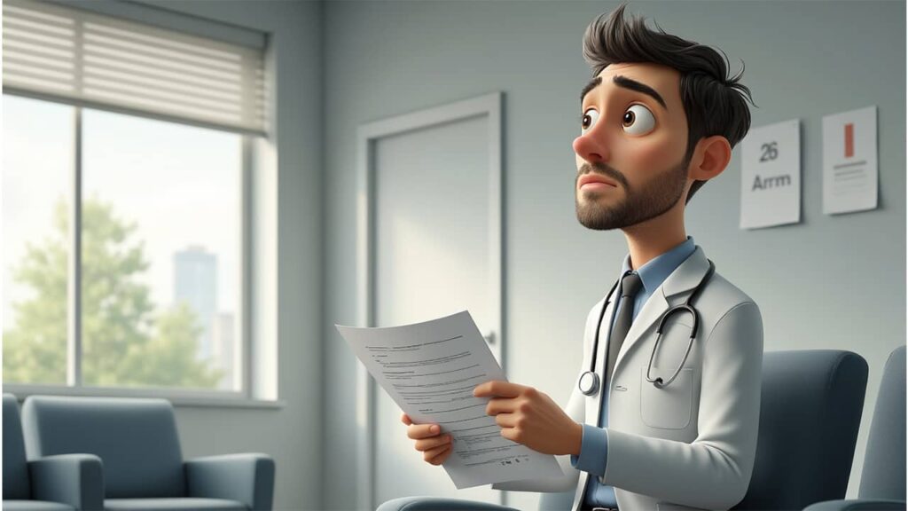 Digital art of a man in a clinic waiting room concerned about unsafe blood sugar levels.