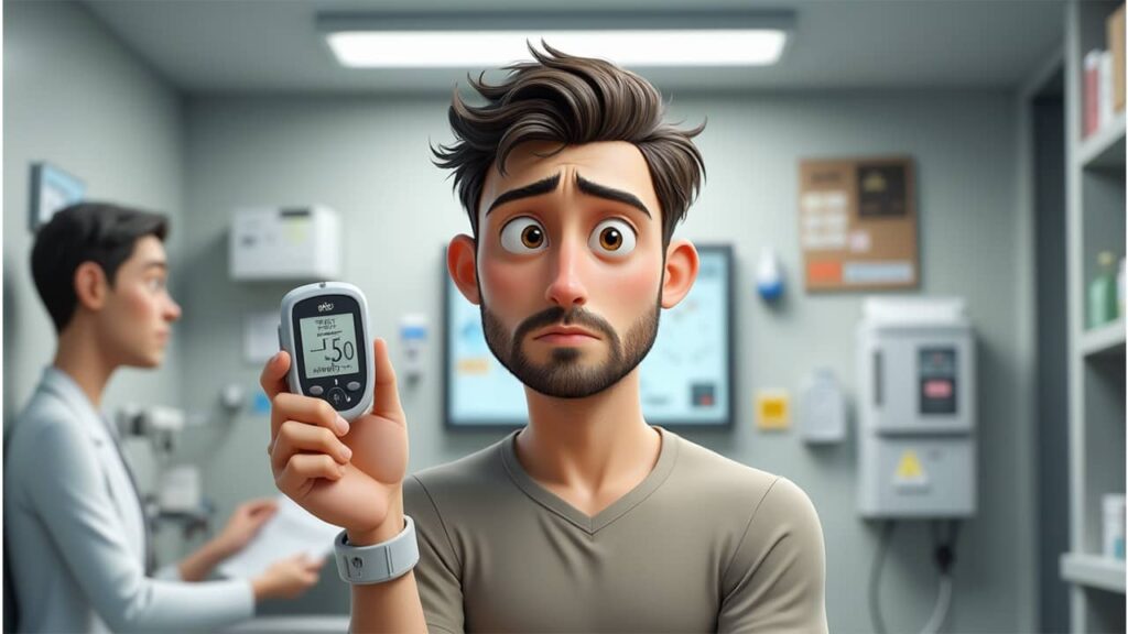 Ultimate Guide: 7 Dangerously Low Blood Sugar Symptoms, Risks, and Life-Saving Treatments 2 Digital art of Alex in a hospital emergency room holding a glucose meter with a reading of 50 mg/dL, while a doctor prepares IV glucose in the background to illustrate when low blood sugar becomes an emergency.