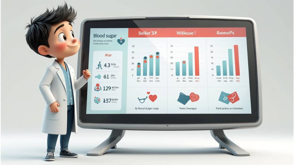 Digital art of Alex beside a large digital table showing blood sugar ranges by age group.