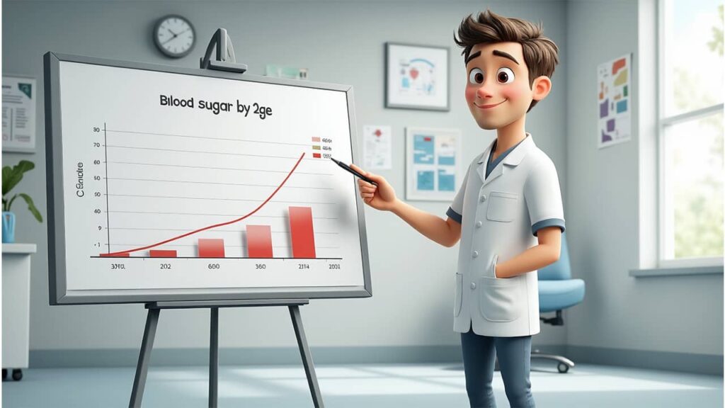 Alex presenting a blood sugar levels by age chart in a medical setting, digital art.