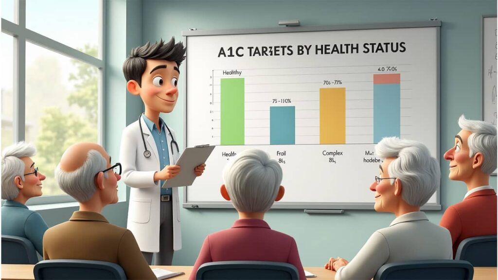 Table showing recommended A1C ranges based on senior health status