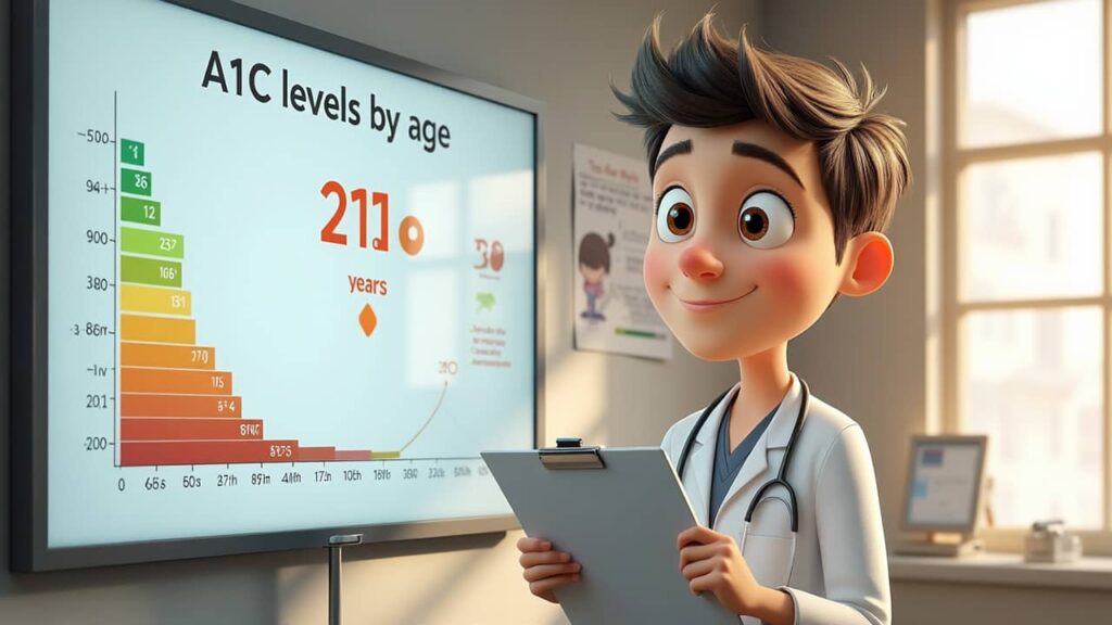 Alex showing a color-coded A1C levels chart by age group, digital art.