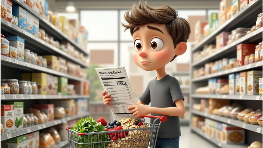 Alex reviewing a sugary food label and choosing natural foods instead