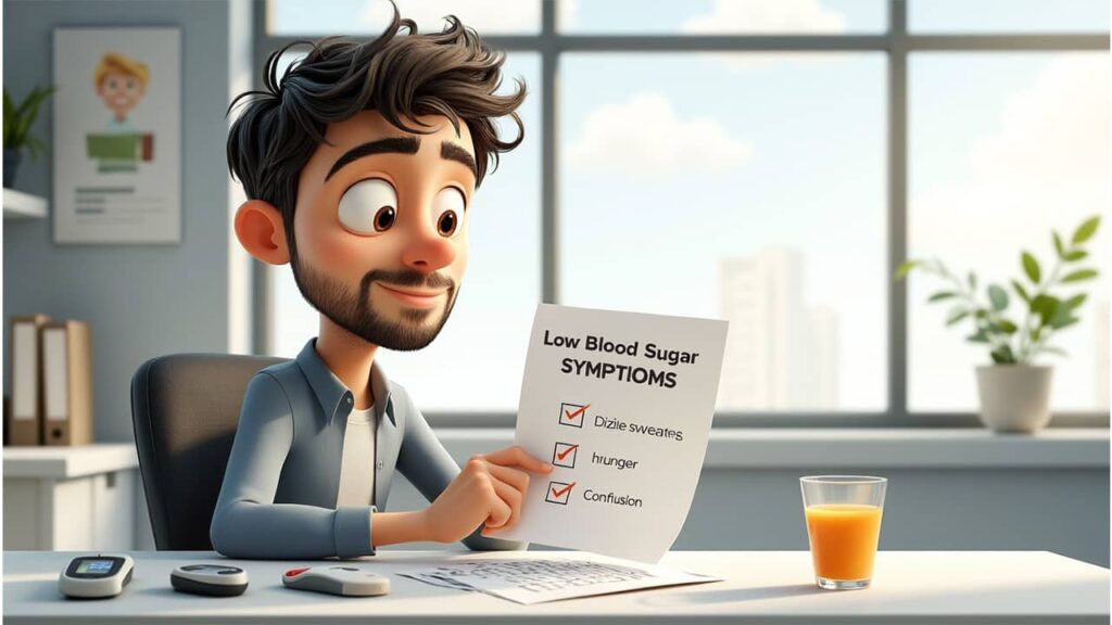 Ultimate Guide: 7 Dangerously Low Blood Sugar Symptoms, Risks, and Life-Saving Treatments 4 Digital art of Alex marking a checklist of low blood sugar symptoms at a desk, with a glucose meter and juice beside him, illustrating a quick self-check for dangerously low blood sugar.