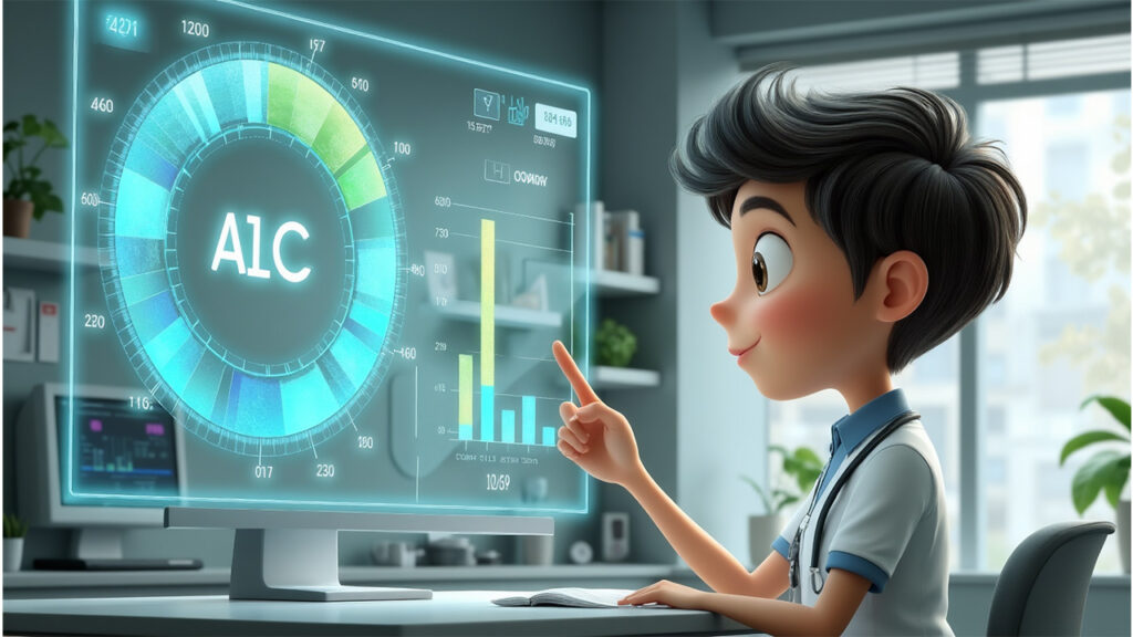 Digital art of Alex reviewing a holographic A1C chart segmented by age in a clinic.