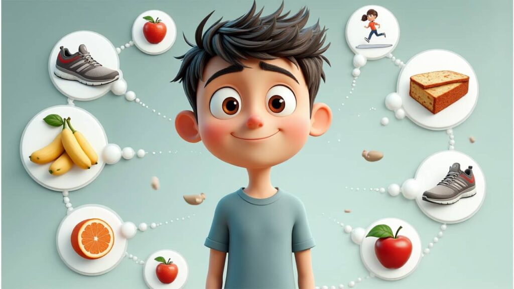 Digital art of Alex with floating icons representing diet, exercise, stress, and sleep as glucose factors.