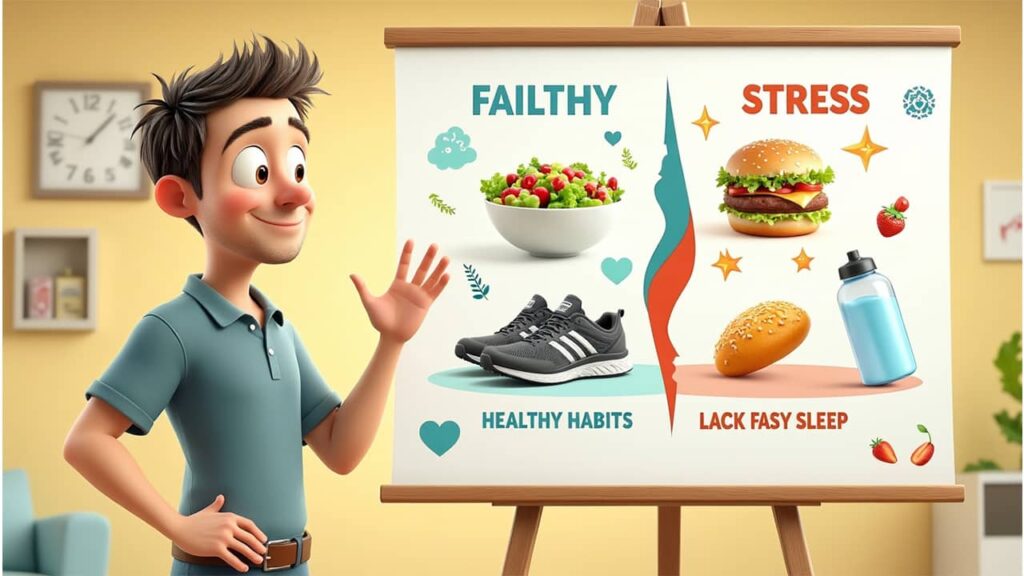 Alex comparing healthy and unhealthy habits that affect blood sugar levels by age, digital art.