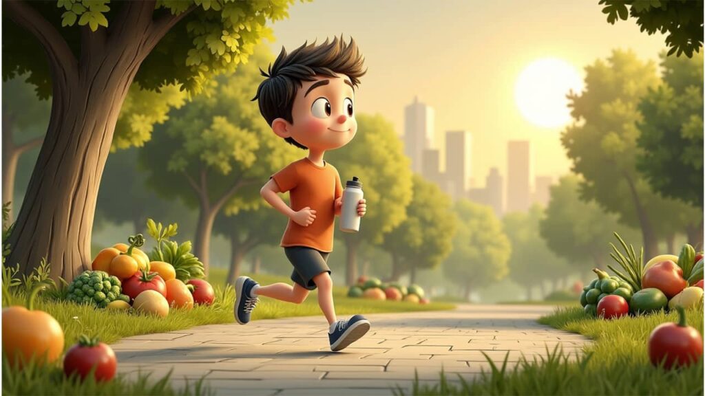 Digital art of Alex jogging in a park at sunrise surrounded by healthy lifestyle elements.