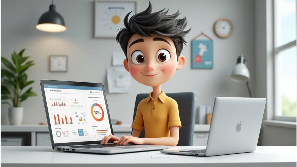 Digital art of Alex at a desk reviewing a blood sugar tracking dashboard on a laptop.