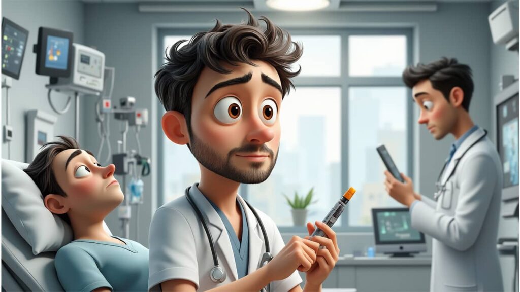 Ultimate Guide: 7 Dangerously Low Blood Sugar Symptoms, Risks, and Life-Saving Treatments 7 Digital art of Alex holding a glucagon injector in a hospital emergency room while a doctor prepares IV glucose, illustrating emergency treatment for severe hypoglycemia.