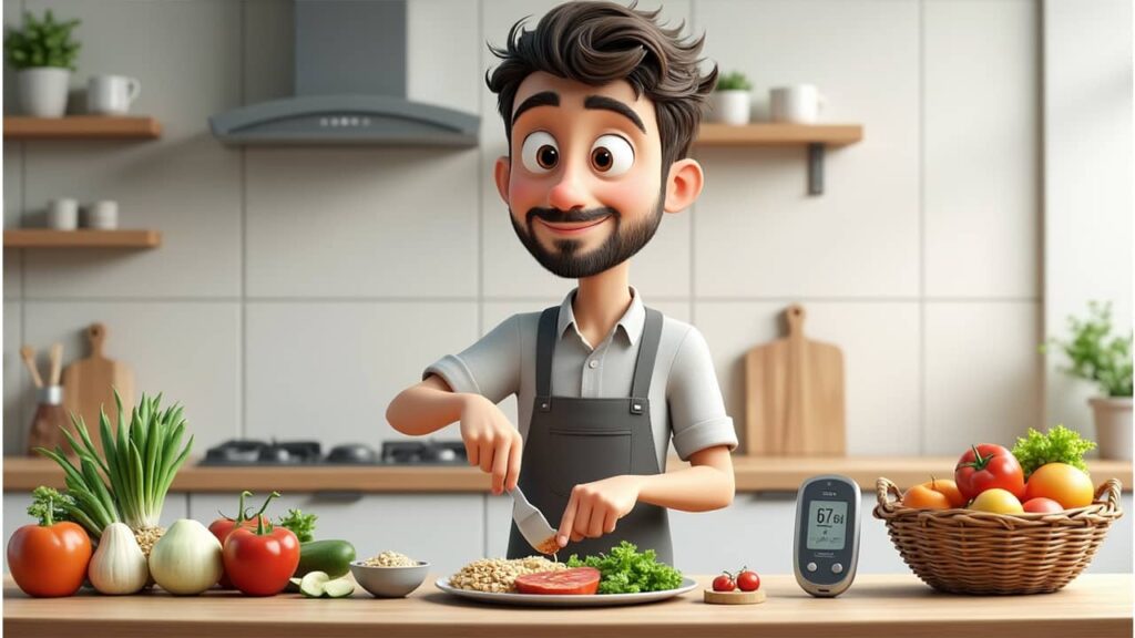 Ultimate Guide: 7 Dangerously Low Blood Sugar Symptoms, Risks, and Life-Saving Treatments 8 Digital art of Alex in a modern kitchen preparing a healthy meal with vegetables, grains, and protein, with a glucose meter nearby, illustrating prevention and long-term control of dangerously low blood sugar symptoms.