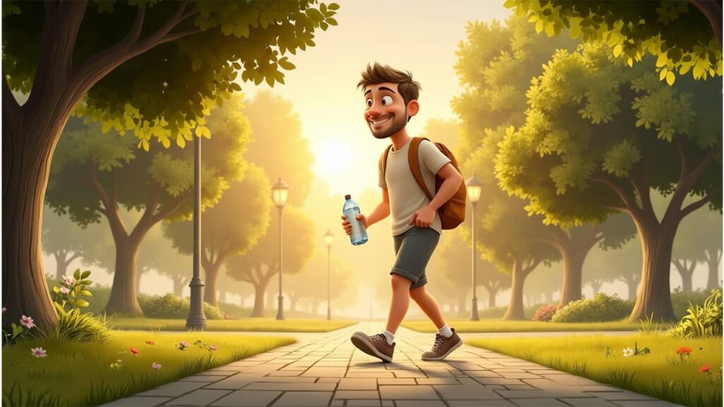 Digital art of a man walking outdoors confidently after managing unsafe blood sugar levels.