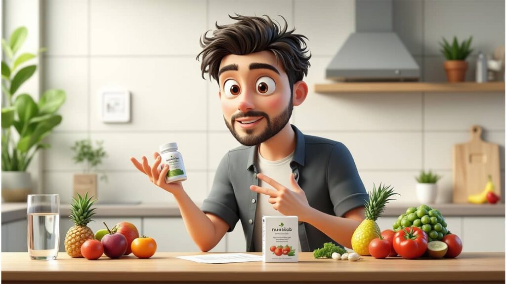 Ultimate Guide: 7 Dangerously Low Blood Sugar Symptoms, Risks, and Life-Saving Treatments 9 Digital art of Alex sitting at a table with NuviaLab Sugar Control supplement next to fruits, vegetables, and water, illustrating supportive tools and natural solutions for blood sugar control.