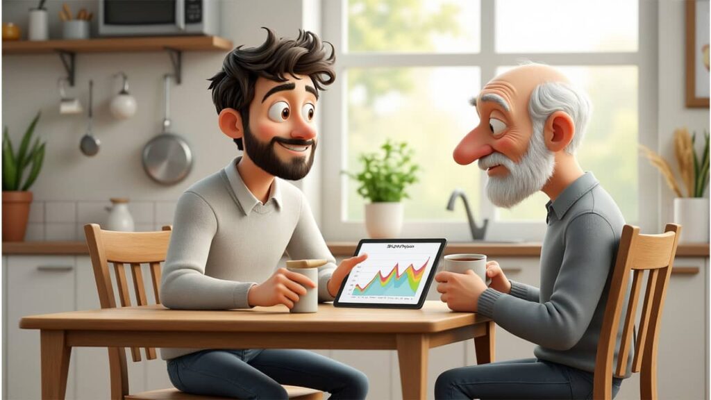 Alex and elderly patient reviewing A1C progress chart on a tablet
