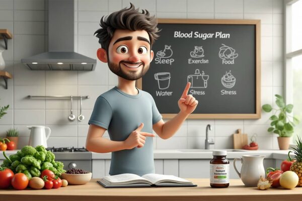 Alex in a healthy kitchen showcasing strategies to naturally control blood sugar levels